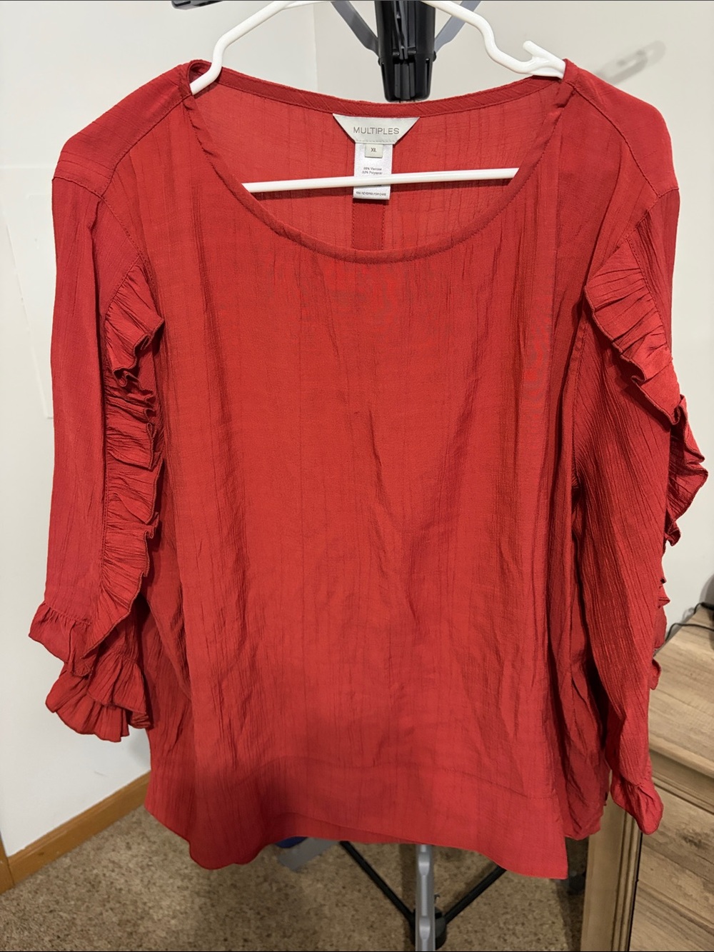 Multiples Coral-Red Ruffle Sleeve Blouse